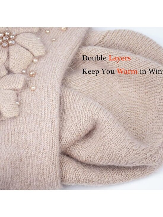 Women\'s Winter Knit Beret Hat Rabbit Hair French Warm Casual Beanie Hat Apricot main image 5